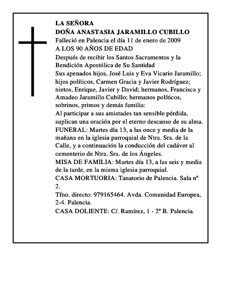 DOÑA ANASTASIA JARAMILLO CUBILLO