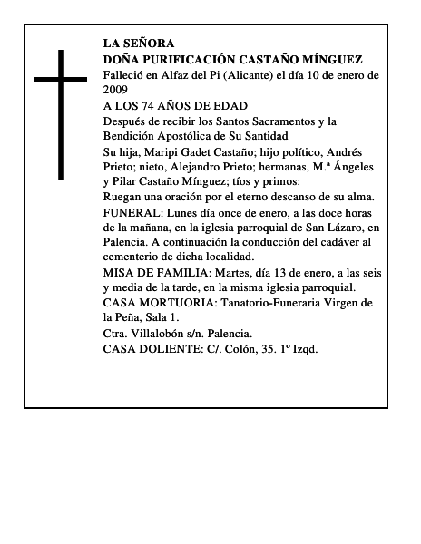 DOÑA PURIFICACIÓN CASTAÑO MÍNGUEZ