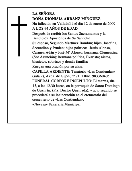 DOÑA DIONISIA ARRANZ MÍNGUEZ
