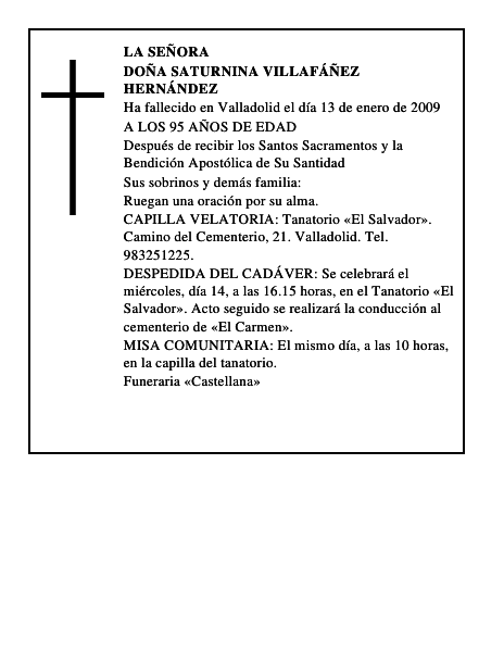 DOÑA SATURNINA VILLAFÁÑEZ HERNÁNDEZ