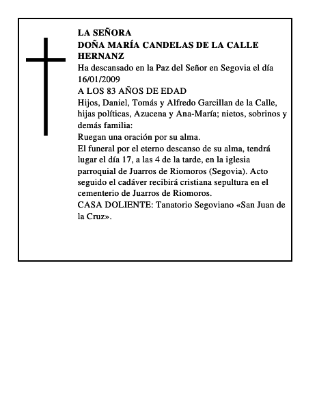 DOÑA MARÍA CANDELAS DE LA CALLE HERNANZ