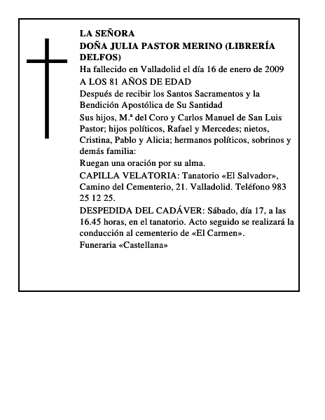 DOÑA JULIA PASTOR MERINO (LIBRERÍA DELFOS)
