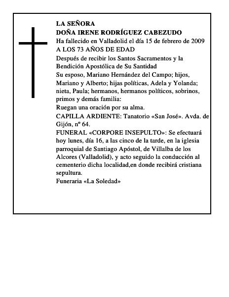 DOÑA IRENE RODRÍGUEZ CABEZUDO