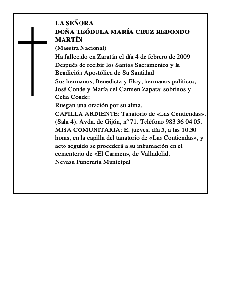 DOÑA TEÓDULA MARÍA CRUZ REDONDO MARTÍN