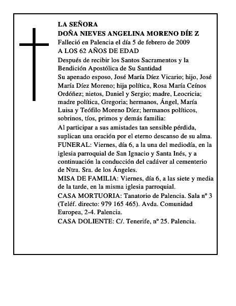 DOÑA NIEVES ANGELINA MORENO DÍE Z