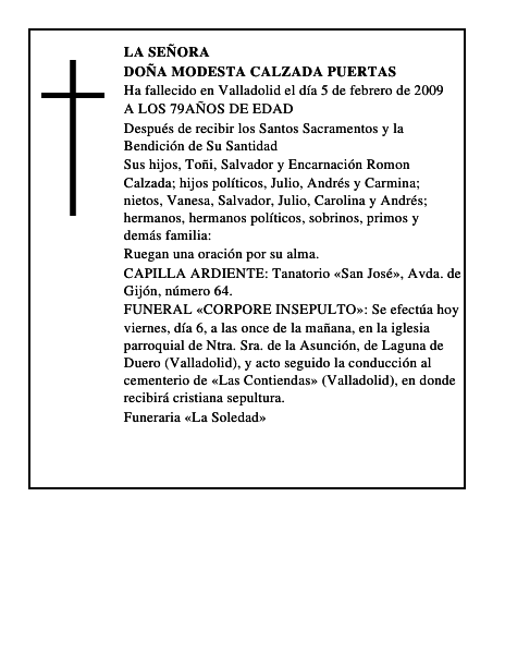 DOÑA MODESTA CALZADA PUERTAS