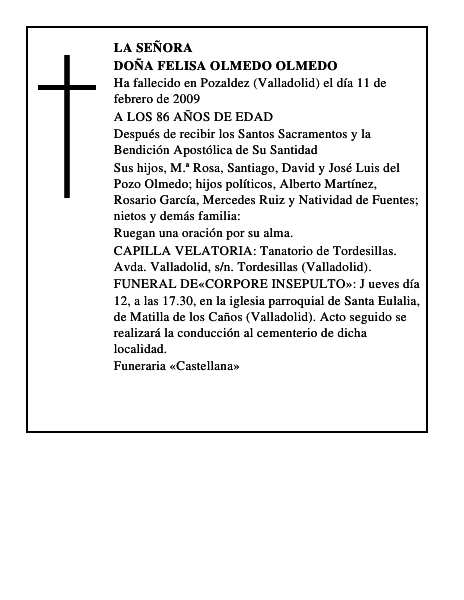 DOÑA FELISA OLMEDO OLMEDO
