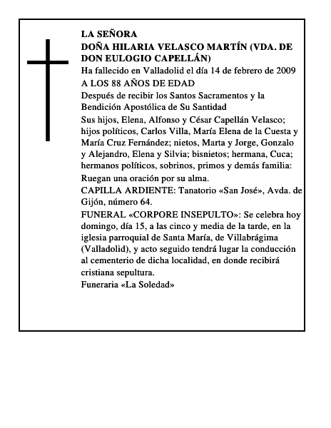 DOÑA HILARIA VELASCO MARTÍN (VDA. DE DON EULOGIO CAPELLÁN)