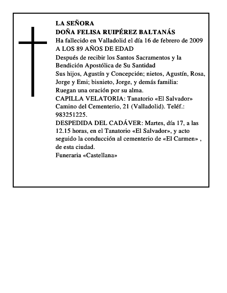 DOÑA FELISA RUIPÉREZ BALTANÁS