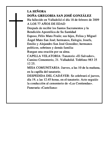 DOÑA GREGORIA SAN JOSÉ GONZÁLEZ