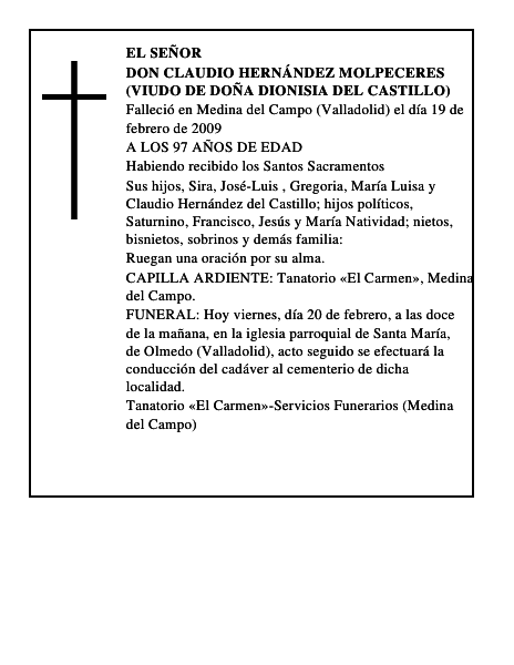 DON CLAUDIO HERNÁNDEZ MOLPECERES (VIUDO DE DOÑA DIONISIA DEL CASTILLO)