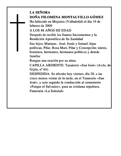 DOÑA FILOMENA MONTALVILLO GÓMEZ