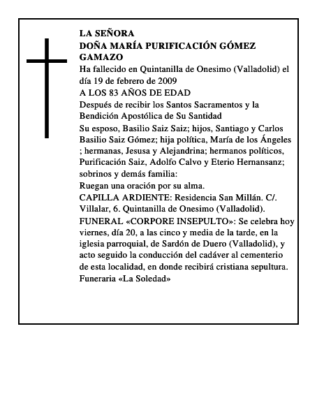 DOÑA MARÍA PURIFICACIÓN GÓMEZ GAMAZO