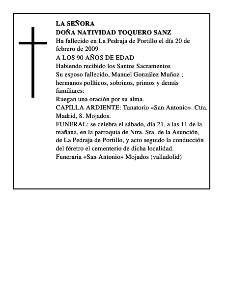 DOÑA NATIVIDAD TOQUERO SANZ