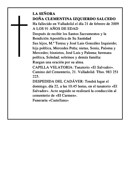DOÑA CLEMENTINA IZQUIERDO SALCEDO