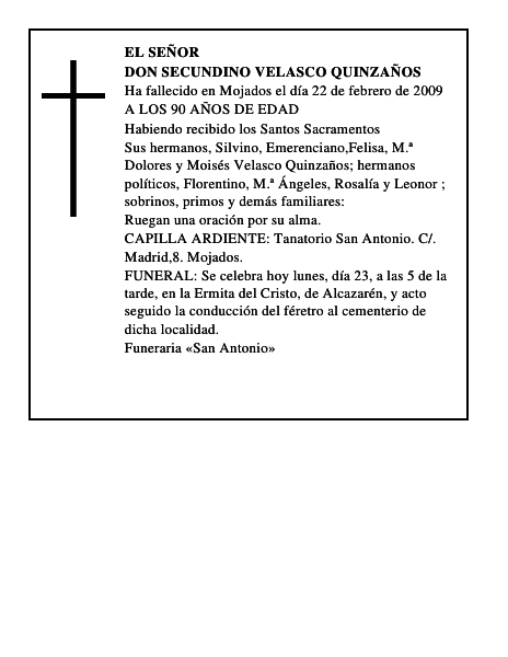 DON SECUNDINO VELASCO QUINZAÑOS