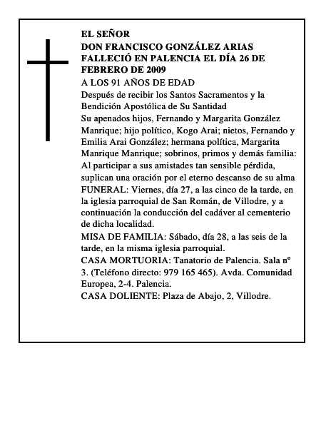 DON FRANCISCO GONZÁLEZ ARIAS Falleció en Palencia el día 26 de febrero de 2009