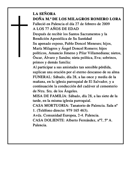 DOÑA M.ª DE LOS MILAGROS ROMERO LORA
