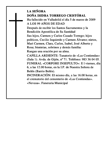 DOÑA ISIDRA TORREGO CRISTÓBAL