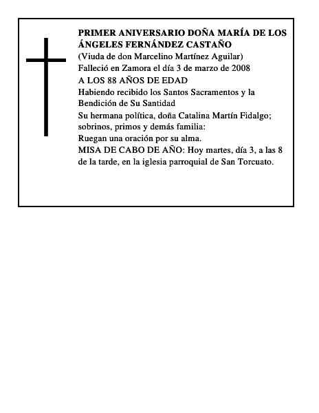 PRIMER ANIVERSARIO DOÑA MARÍA DE LOS ÁNGELES FERNÁNDEZ CASTAÑO