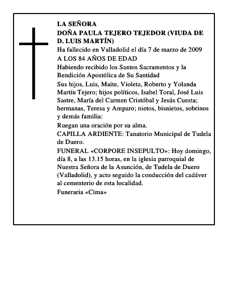 DOÑA PAULA TEJERO TEJEDOR (VIUDA DE D. LUIS MARTÍN)