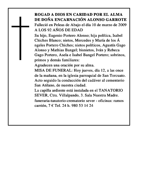 ROGAD A DIOS EN CARIDAD POR EL ALMA DE DOÑA ENCARNACIÓN ALONSO GARROTE