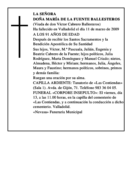 DOÑA MARÍA DE LA FUENTE BALLESTEROS