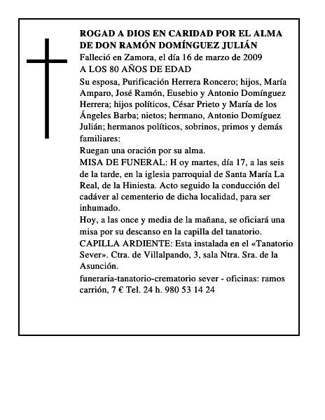 ROGAD A DIOS EN CARIDAD POR EL ALMA DE DON RAMÓN DOMÍNGUEZ JULIÁN