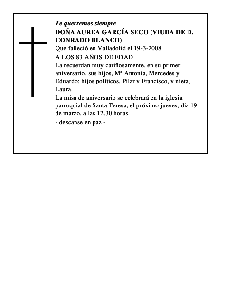 DOÑA AUREA GARCÍA SECO (VIUDA DE D. CONRADO BLANCO)