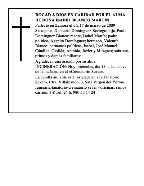 ROGAD A DIOS EN CARIDAD POR EL ALMA DE DOÑA ISABEL BLANCO MARTÍN