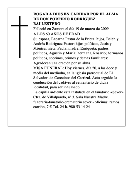 ROGAD A DIOS EN CARIDAD POR EL ALMA DE DON PORFIRIO RODRÍGUEZ BALLESTERO