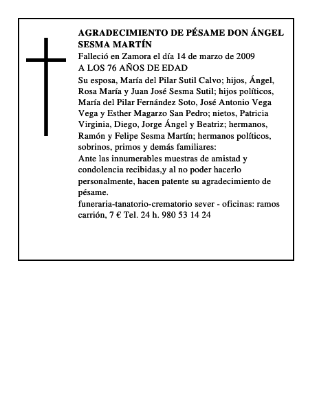 AGRADECIMIENTO DE PÉSAME DON ÁNGEL SESMA MARTÍN
