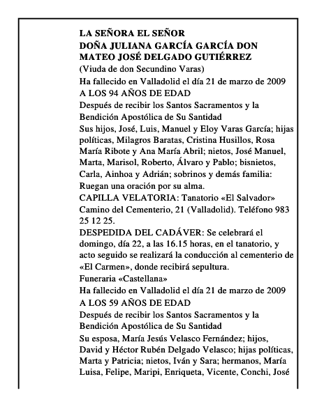 DOÑA JULIANA GARCÍA GARCÍA DON MATEO JOSÉ DELGADO GUTIÉRREZ