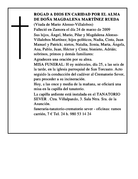 ROGAD A DIOS EN CARIDAD POR EL ALMA DE DOÑA MAGDALENA MARTÍNEZ RUEDA