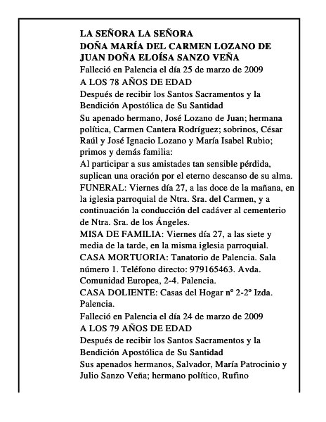 DOÑA MARÍA DEL CARMEN LOZANO DE JUAN DOÑA ELOÍSA SANZO VEÑA