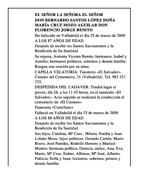 DON BERNARDO SANTOS LÓPEZ DOÑA MARÍA CRUZ MOZO AGUILAR DON FLORENCIO JORGE BENITO