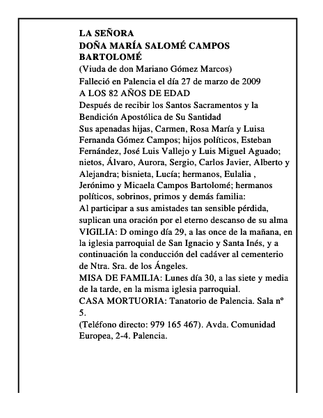 DOÑA MARÍA SALOMÉ CAMPOS BARTOLOMÉ