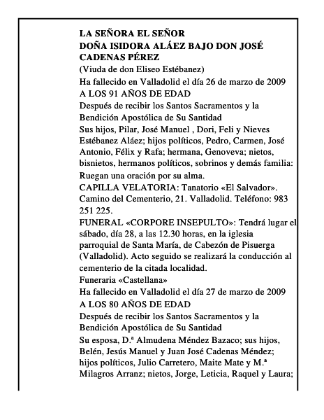 DOÑA ISIDORA ALÁEZ BAJO DON JOSÉ CADENAS PÉREZ
