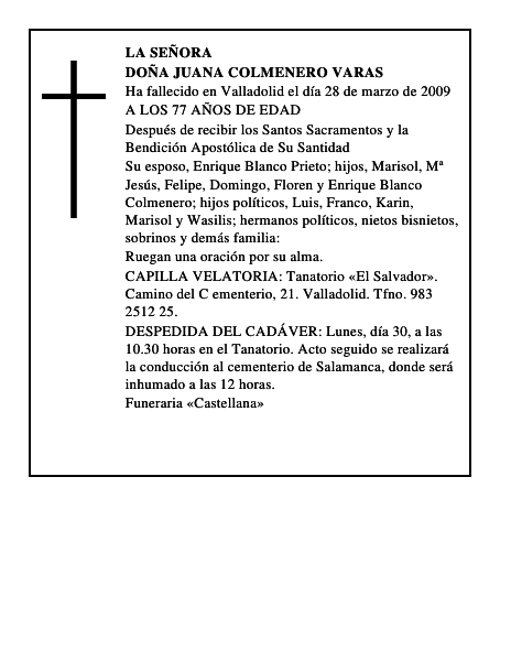 DOÑA JUANA COLMENERO VARAS
