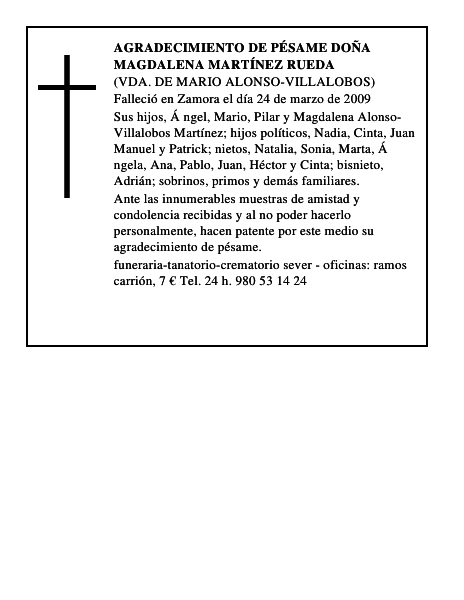 agradecimiento de pésame DOÑA MAGDALENA MARTÍNEZ RUEDA