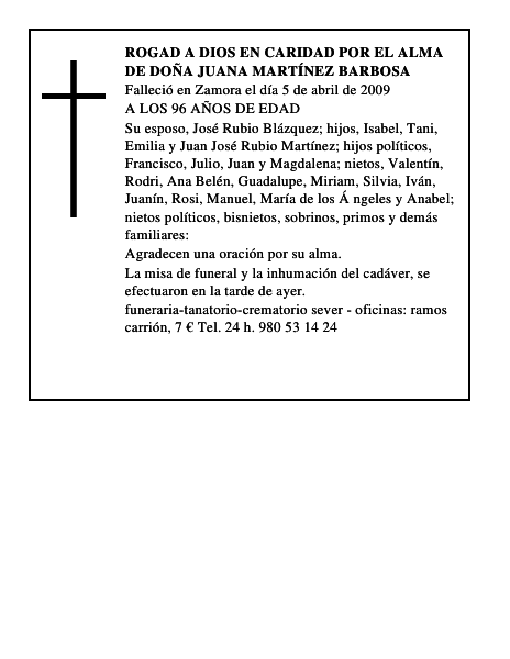 ROGAD A DIOS EN CARIDAD POR EL ALMA DE DOÑA JUANA MARTÍNEZ BARBOSA