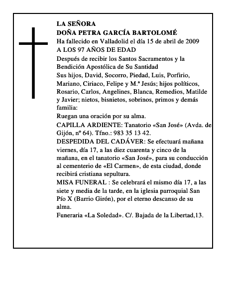 DOÑA PETRA GARCÍA BARTOLOMÉ
