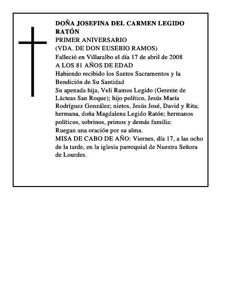 DOÑA JOSEFINA DEL CARMEN LEGIDO RATÓN
