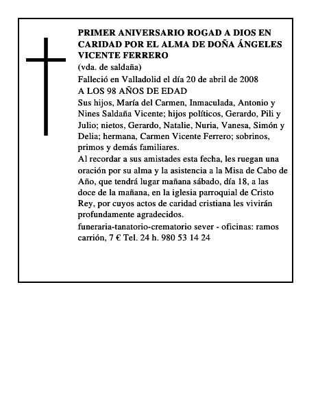 primer aniversario rogad a dios en caridad por el alma de DOÑA ÁNGELES VICENTE FERRERO