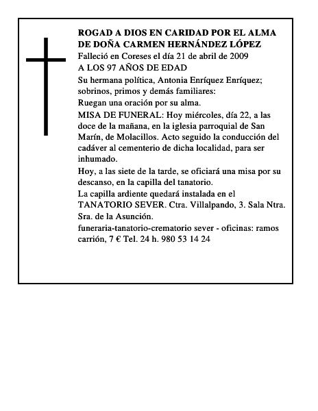 ROGAD A DIOS EN CARIDAD POR EL ALMA DE DOÑA CARMEN HERNÁNDEZ LÓPEZ