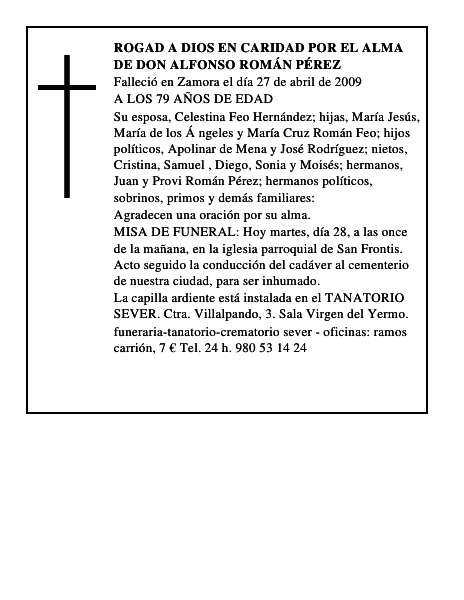 ROGAD A DIOS EN CARIDAD POR EL ALMA DE DON ALFONSO ROMÁN PÉREZ