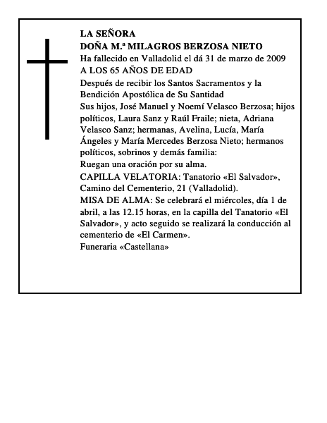 DOÑA M.ª MILAGROS BERZOSA NIETO