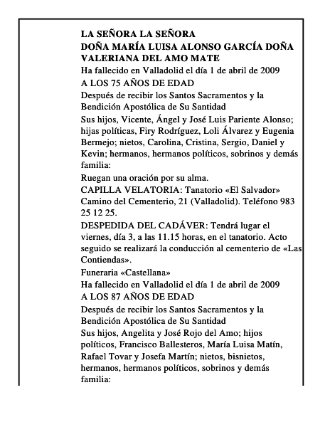 DOÑA MARÍA LUISA ALONSO GARCÍA DOÑA VALERIANA DEL AMO MATE