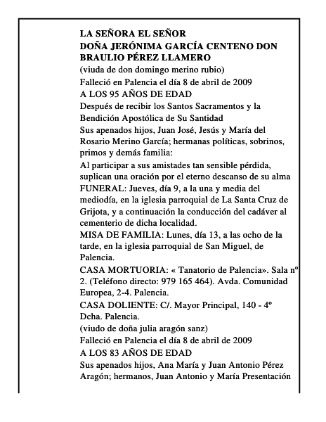 DOÑA JERÓNIMA GARCÍA CENTENO DON BRAULIO PÉREZ LLAMERO