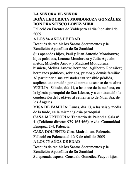 DOÑA LEOCRICIA MONDORUZA GONZÁLEZ DON FRANCISCO LÓPEZ MIER